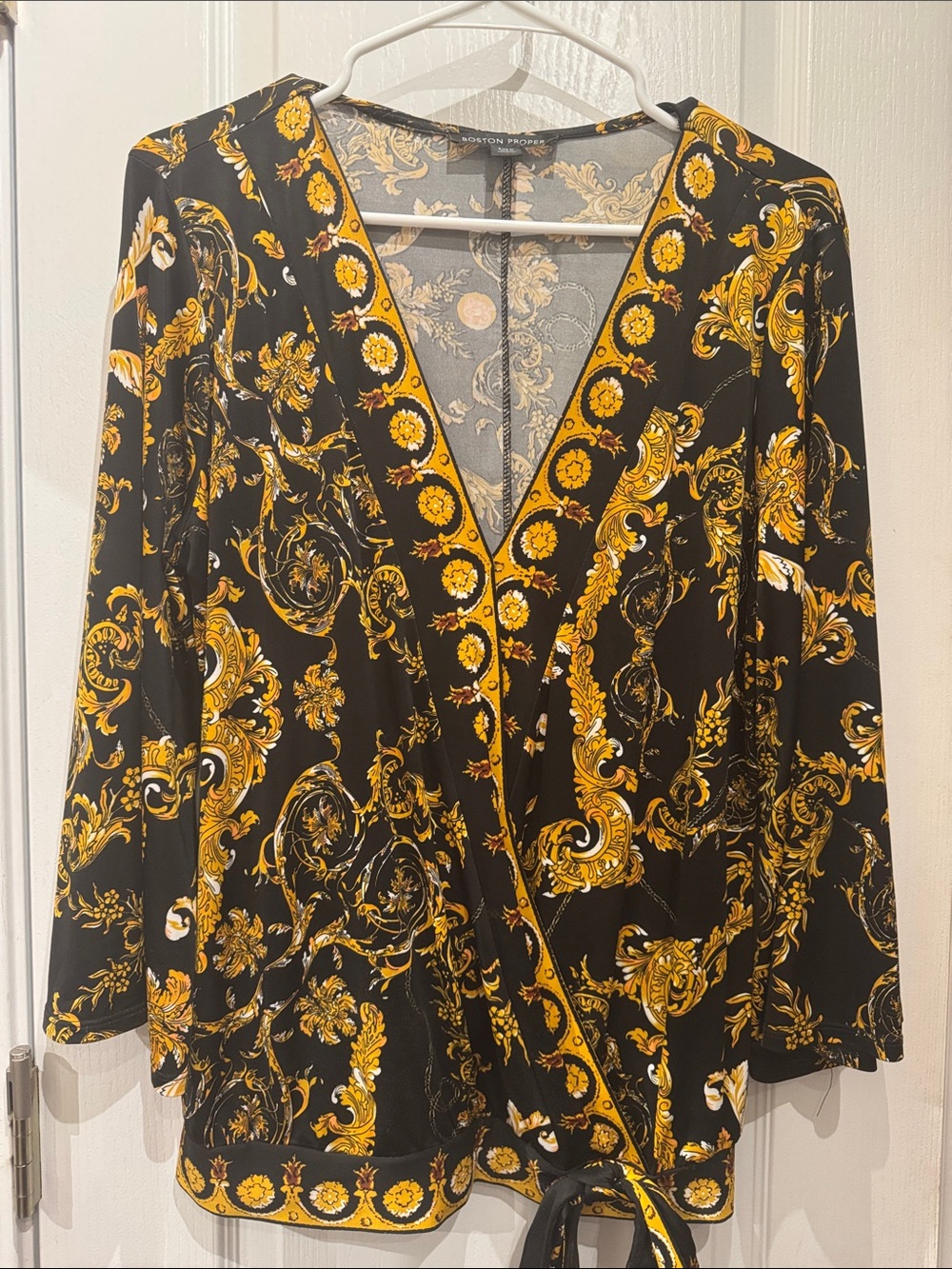 Boston Proper Black and Gold Baroque Faux Wrap Blouse